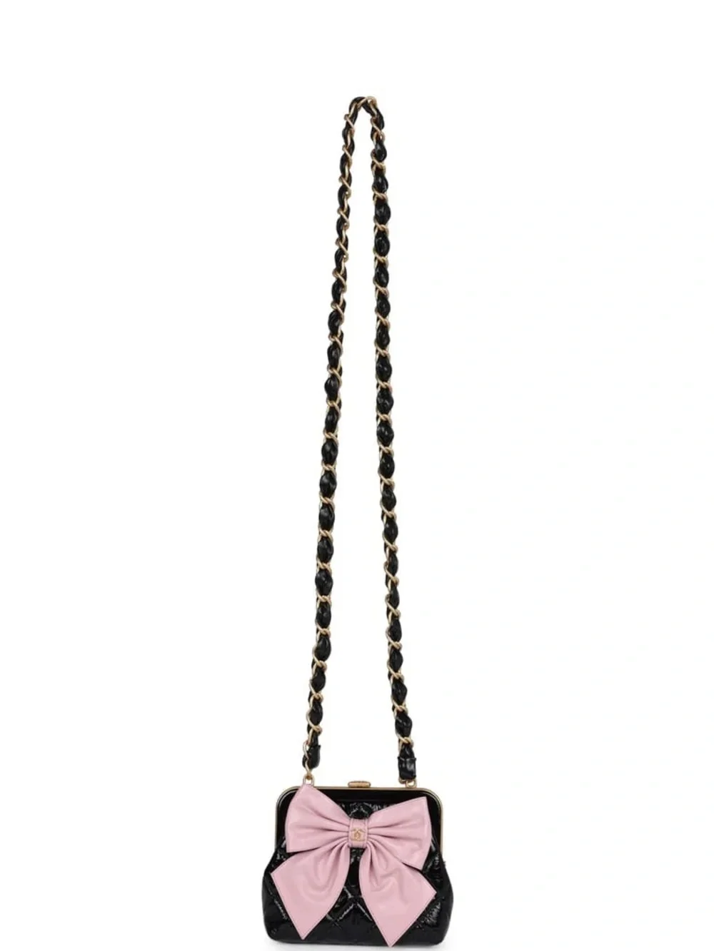 Authentic CHANEL mini pink bow black lambskin patent leather crossbody bag